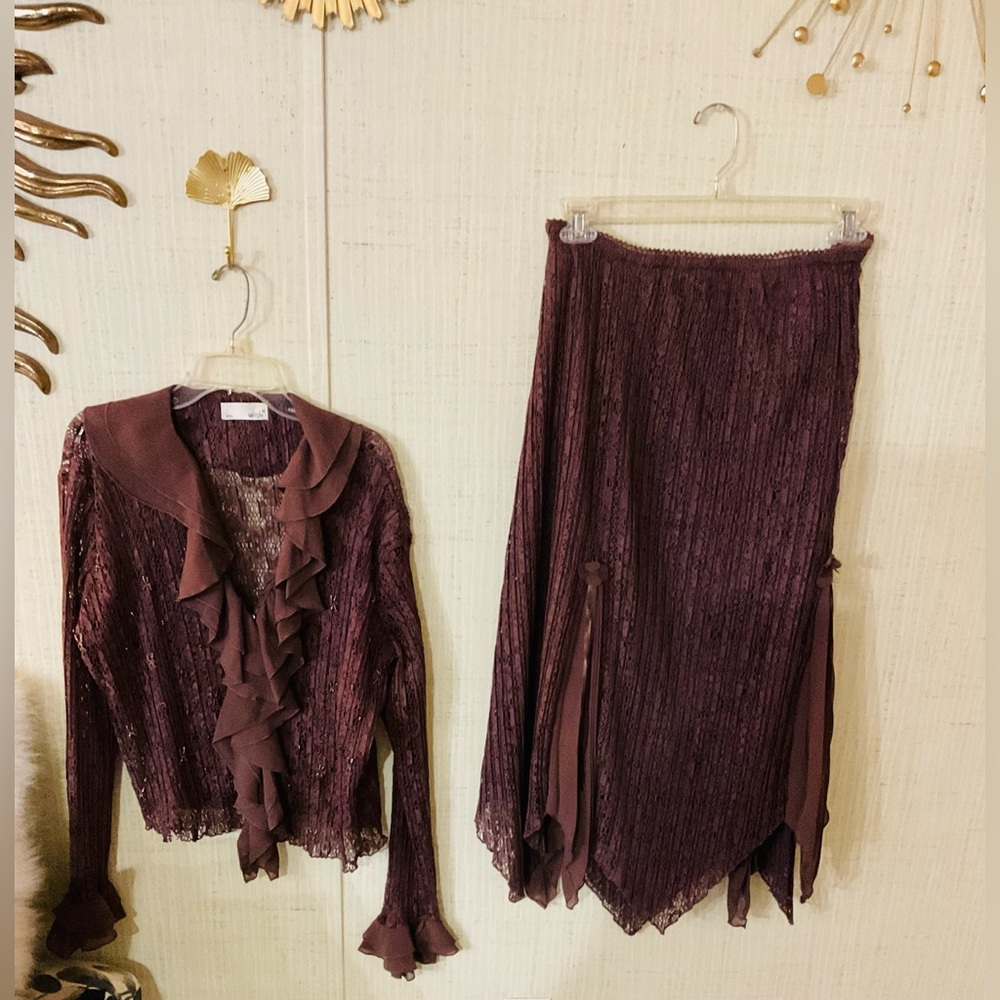 Vintage Wish gauze 2x  Chocolate 2 pc ruffle/lace blouse elastic skirt set C1